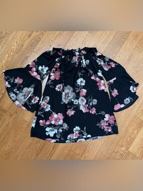 Altar’d State Off-Shoulder Black Floral Bell-Sleeve Top - Pink & White Flowers